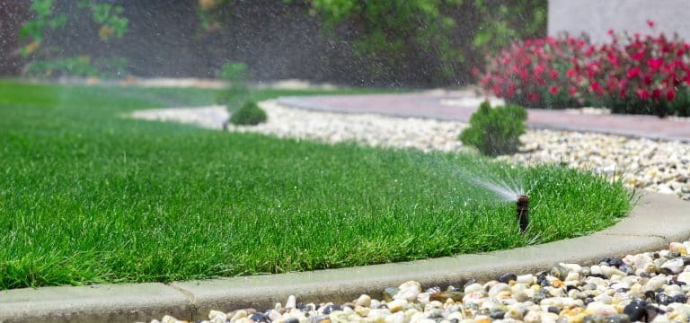Sprinkler watering a lush green lawn beside decorative gravel and flowers, representing efficient irrigation maintenance and winterization in Charlotte.