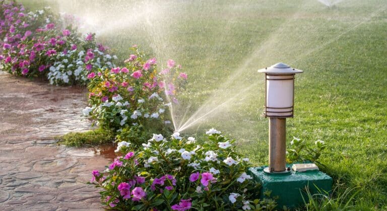 Irrigated flower bed with low-voltage landscape lighting